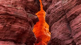 Rock formation of sandstone at light incidence, rock glow, old castle rock, natural monument, Eppenbrunn, Palatinate Forest, Rhineland-Palatinate, Germany