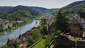 Neckarsteig Weitwanderweg Mehrtagestour Wanderung Mai Baden-Württemberg Hessen Odenwald Neckartal Schloss Hirschhorn Blick auf die Stadt und den Neckar vierte Etappe