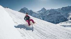 Schlitten fahren Rodeln Schweiz Grindelwald First - Faulhorn - Bussalp Winter Schnee Panoramasicht auf den Eiger Schlitten fahren Rodeln Schweiz Grindelwald First - Faulhorn - Bussalp Winter Schnee Panoramasicht auf den Eiger