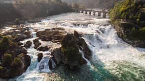 Aerial panorama of Rheinfall cascade rapid waterfall on Rhine river Bodensee Neuhausen Schaffhausen Switzerland Germany