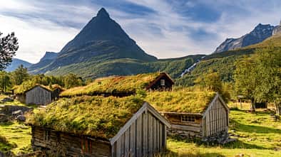 cabins and cottages at the Renndolsetra Hotel in the Innerdalen Valley of central Norway