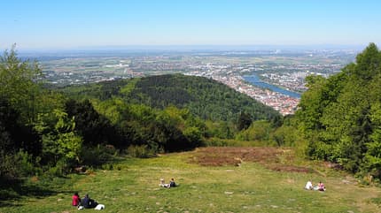 Neckarsteig Weitwanderweg Mehrtagestour Wanderung Mai Baden-Württemberg Hessen Odenwald Neckartal Heidelberg Königstuhl Ausblick Liegewiese erste Etappe