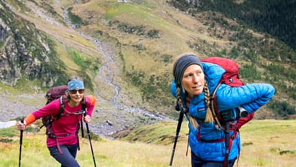 Europe,Magic Image,Swiss Alps,Switzerland,Tessin,The Magic,Ticino,autumn,backpacking,fall,female,friends,front view,hiking,mountain,trekking,two people,vertical,woman,women The Via Alta Idra hiking tour