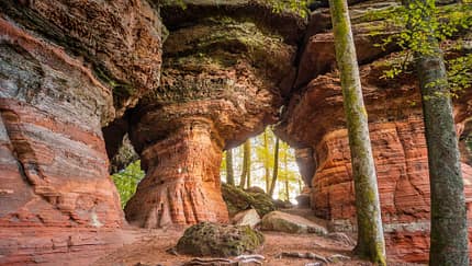 Wide angle view of the Altschlossfelsen ("The old castle rock"), a brownstone rock formation nicknamed "Little Colorado" in the Palatinate forest, Eppenbrunn - Rhineland-Palatinate - Germany.