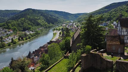 Neckarsteig Weitwanderweg Mehrtagestour Wanderung Mai Baden-Württemberg Hessen Odenwald Neckartal Schloss Hirschhorn Blick auf die Stadt und den Neckar vierte Etappe